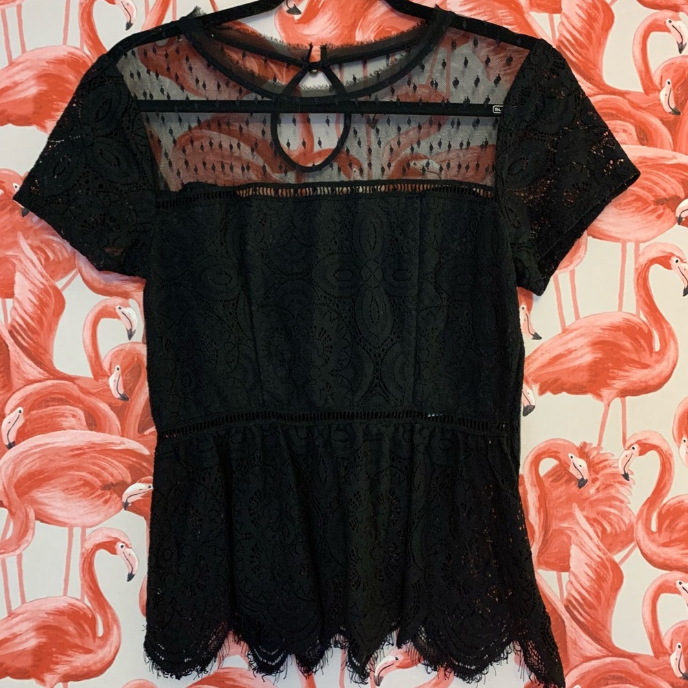 Xhilaration Black Sheer Lace Short Sleeve Peplum Top Size Medium